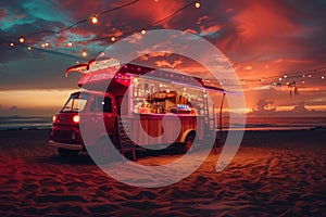 Open Festive Food Truck on Beach, Beach Party Night bar with Light Bulbs on Sunset Background
