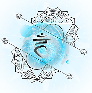 open fifth Throat chakra visuddha on light blue watercolor background