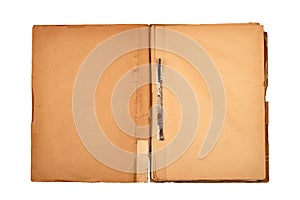 Open file folder with aged light brown empty pages photo