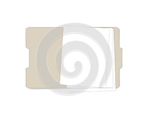 Open file folder with cut tab  realistic mockup. Letter size tabbed manila folder with empty paper sheets