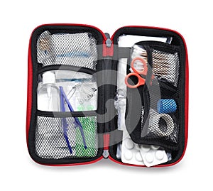 Open first aid kit isolated on white, top view