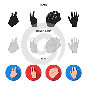 Open fist, victory, miser. Hand gesture set collection icons in black, flat, monochrome style vector symbol stock