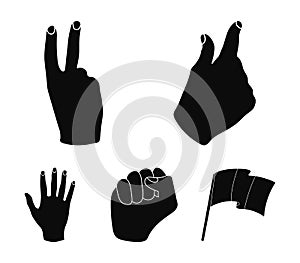 Open fist, victory, miser. Hand gesture set collection icons in black style vector symbol stock illustration web.