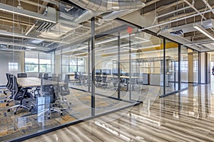 An open floor plan office featuring glass walls and open meeting spaces for easy communication