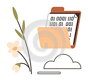 Digital Data Storage Concept with Folder, Binary Code, and Nature Elements