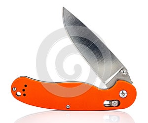 Open folding pocket knife with matte blade and textured bright orange composite plastic cover plates on steel handle isolated on