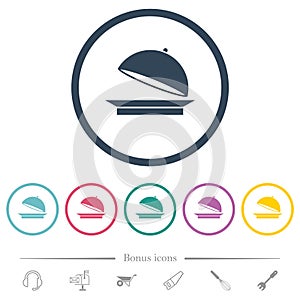 Open food tray flat color icons in round outlines