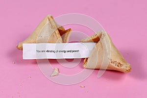 Open fortune cookie with motivational text `You are vibrating of energy and power`