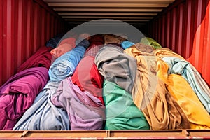 an open freight container filled with various textiles