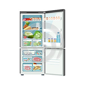 Open fridge with products isolated on white color banner