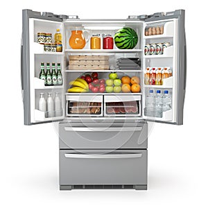 Open fridge refrigerator full of food and drinks isolated on wh photo