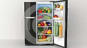 Open fridge stocked with fresh vegetables and beverages.
