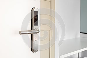 Open front door with electronic mortise lock and handle. The door is opened with a combination of a digital code or a