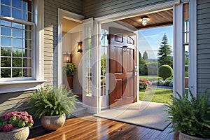 Open front door, inviting home exterior