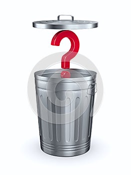 Open garbage basket and question on white background. Isolated 3D illustration