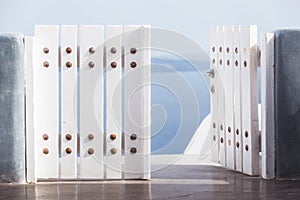 Open gate above sea,  Greece, Cyclades, Santorini, Oia