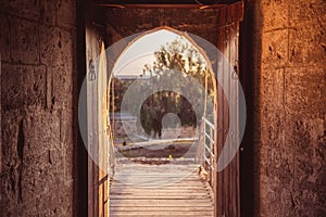 Open gate at medieval Kolossi castle. Limassol, Cyprus