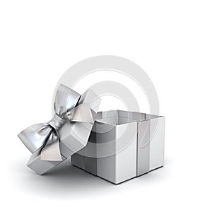 Open gift box or blank present box with silver ribbon and bow isolated on white background