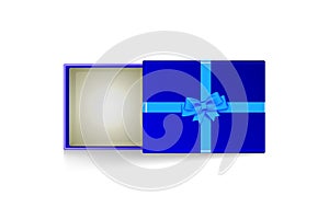 Open gift box with blue bow isolated on white. Vector illustration eps 10.