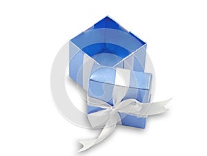 open gift box blue color package object wrap with white satin bow ribbon isolated on white background