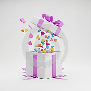 Open Gift Box with Confetti and Ribbons Exploding Outwards render present