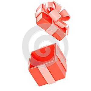 Open gift box 3d illustration - wrapped red package with pink ribon and bow and cap floating.