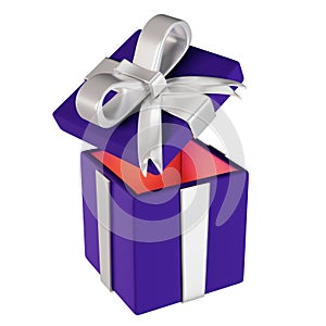 Open gift box of dark blue color, 3d render. 3D gift box with a white bow, isolated on a white background