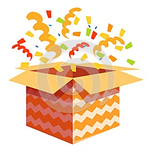 Open gift box exploding with colorful confetti