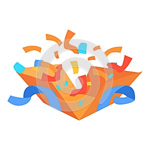 Open gift box exploding with colorful confetti and ribbon