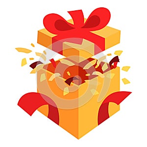 Open gift box exploding with confetti and ribbon