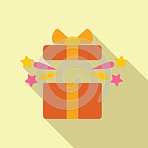 Open gift box exploding with confetti and stars