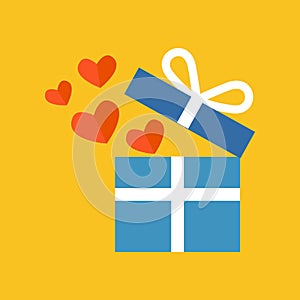 Open gift box with fly hearts. Flat design.