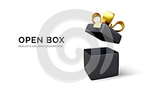 Open gift box with gold ribbon and bow. Present box decoration design element. Holiday banner with black box