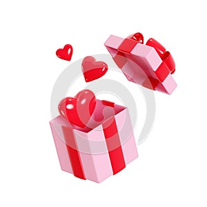 Open gift box with hearts flying away 3d render illustration - romantic love pink floating present box with red ribbon.