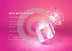 Open gift box. Low poly wireframe art on pink background. Concept for holiday or magic or miracle.Box in the fog. Polygonal