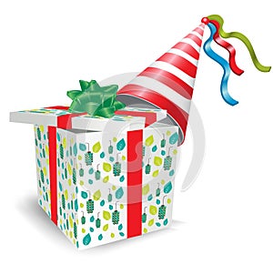 Open gift box with party hat