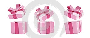 Open gift box with pink pastel ribbon bow. Holiday open surprise box. Realistic vector for valentine's day