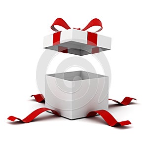 Open gift box , present box with red ribbon bow isolated on white background