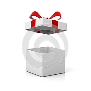 Open gift box present box with red ribbon bow isolated on white background