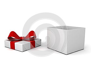 Open gift box present box with red ribbon bow isolated on white background with shadow