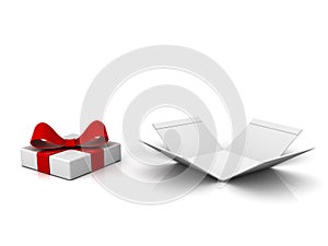 Open gift box , present box with red ribbon and bow isolated on white background with shadow and reflection