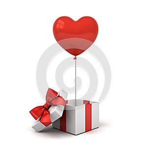 Open gift box or present box with red ribbon bow and red glossy heart balloon isolated on white background