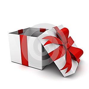 Open gift box and present box with red ribbon bow isolated on white background