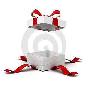 Open gift box present box with red ribbon bow isolated on white background with shadow