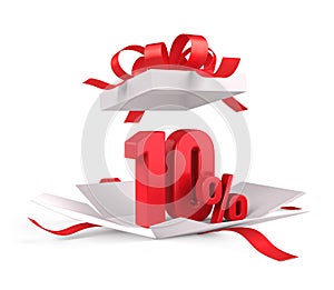 Open gift box with red 10 percent discount on white background - Discount sale concept photo