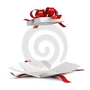 Open gift box with red ribbon