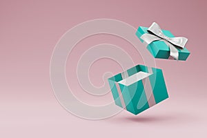Open gift box with ribbon and bow isolated. 3d illustration