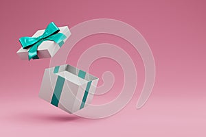 Open gift box with ribbon and bow isolated. 3d illustration