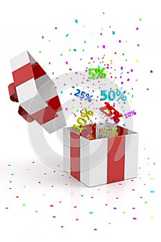 Open gift box with stars and discounts