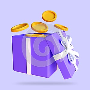 Open gift box surprise. Earn point and get rewards. Special offer concept. 3d rendering illustration